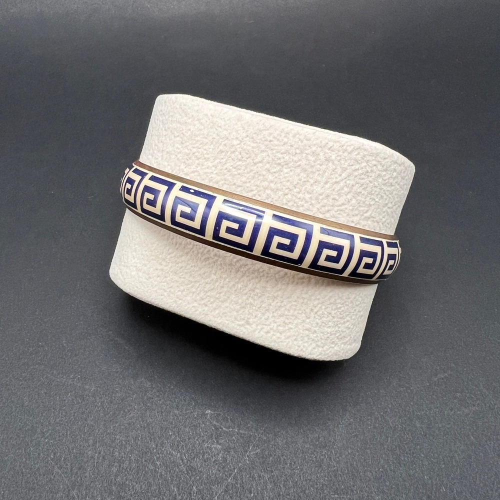 Vintage Greek Key Bangle Bracelet Navy Blue Cream Brass Tone Domed Geometric